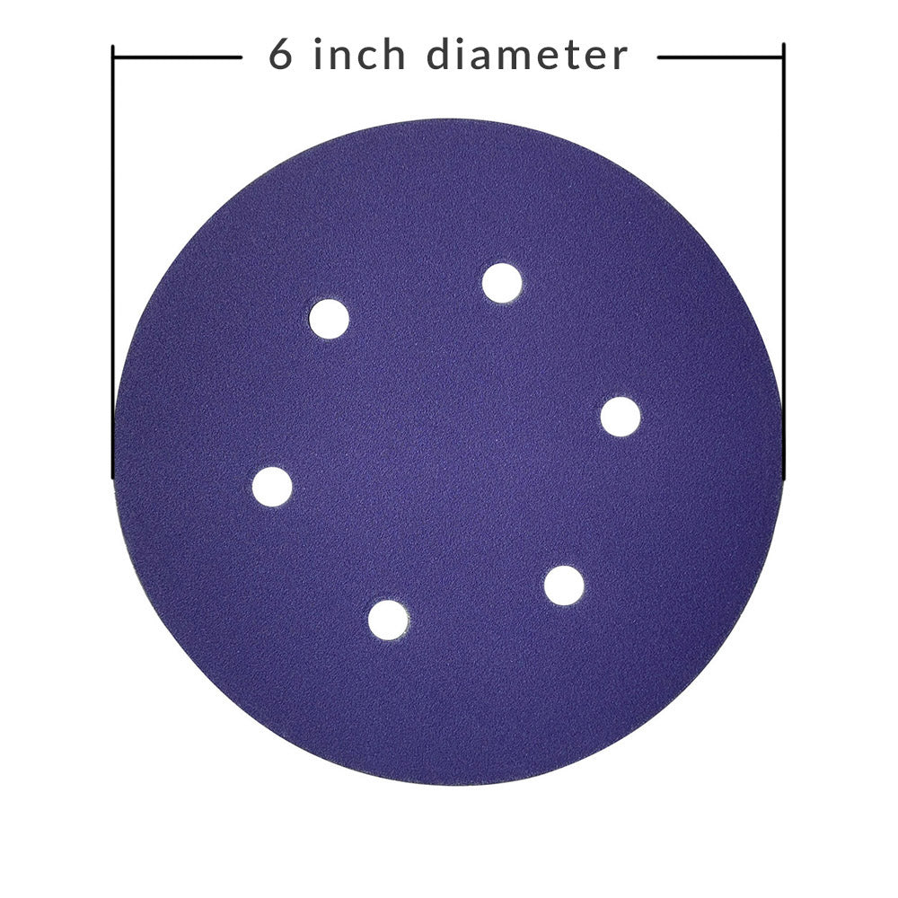 Diagram showing the 6 inch (150mm) diameter of a purple ceramic 6-hole sanding disc