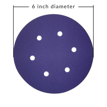 Diagram showing the 6 inch (150mm) diameter of a purple ceramic 6-hole sanding disc