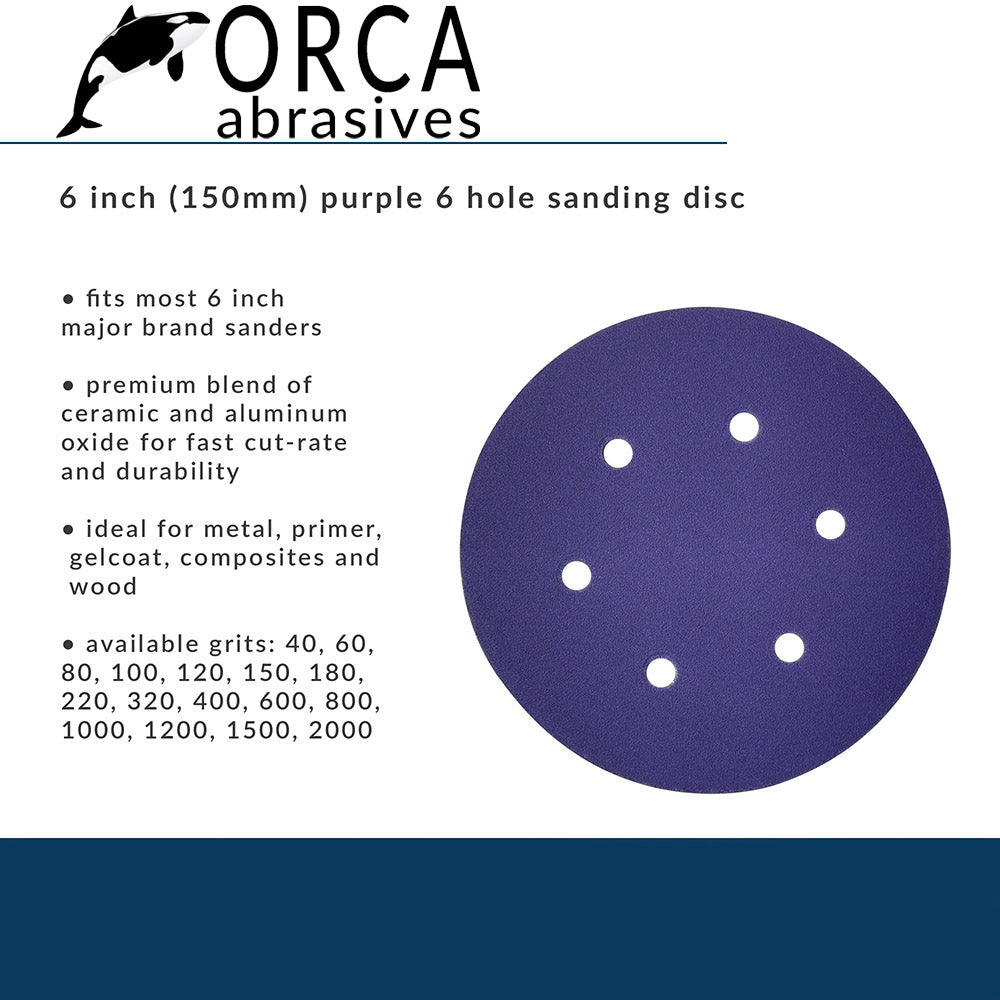 Orca Abrasives spec card, purple 6 inch 6-hole disc in a ceramic and aluminum oxide blend for wood and metal