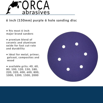 Orca Abrasives spec card, purple 6 inch 6-hole disc in a ceramic and aluminum oxide blend for wood and metal