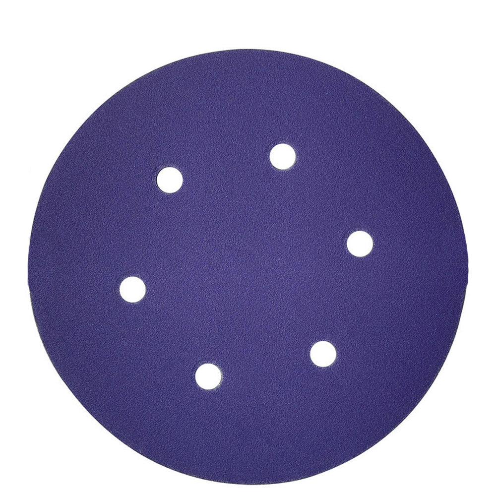 Purple ceramic 6 inch (150mm) 6-hole hook and loop sanding disc, face up