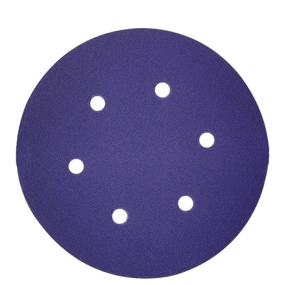 Purple ceramic 6 inch (150mm) 6-hole hook and loop sanding disc, face up