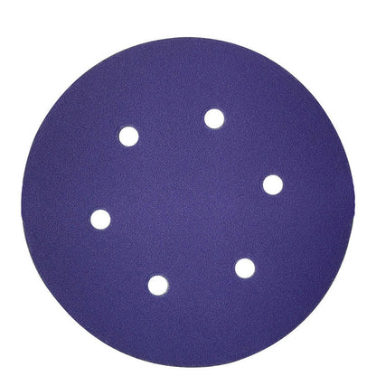 Purple ceramic 6 inch (150mm) 6-hole sanding disc from the project pack, face up