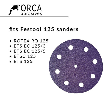 Orca Abrasives fit card, purple 9-hole disc fits Festool Rotex RO 125, ETS EC 125/3, ETS EC 125/5, ETSC 125, ETS 125