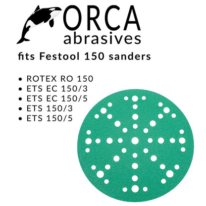 Orca Abrasives fit card, green multi-hole disc fits Festool Rotex RO 150, ETS EC 150/3 and 150/5, ETS 150/3 and 150/5