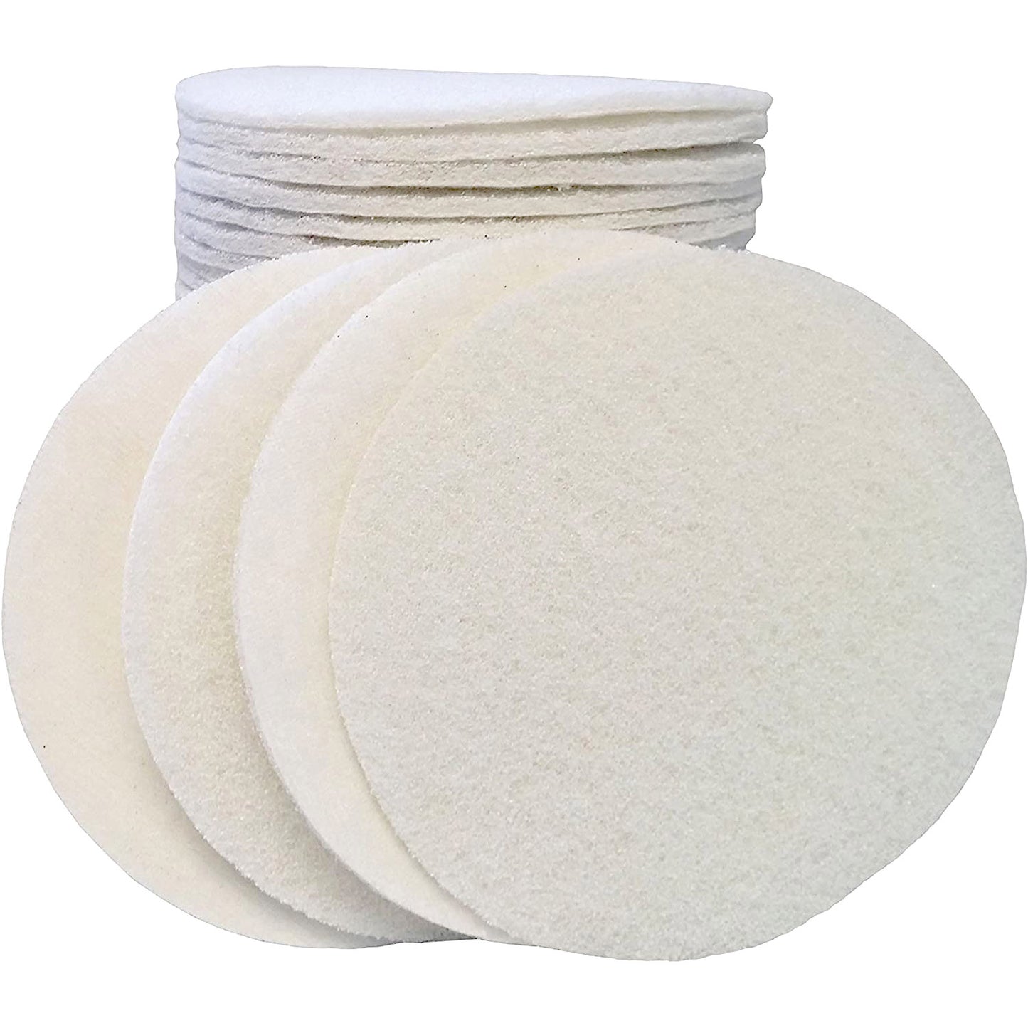 Stack of ten white non-woven finishing pads with three pads fanned out in front